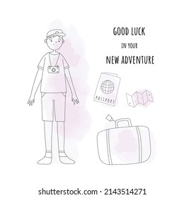 Retro blue postcard on a white background. Boy travel postcard