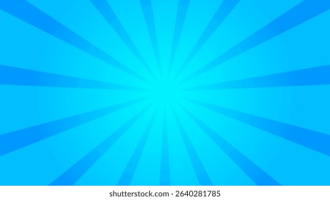 Retro blue sun rays on halftone bg. Pop art comic cartoon background. Vintage sunburst effect. Vector illustration. EPS 10.