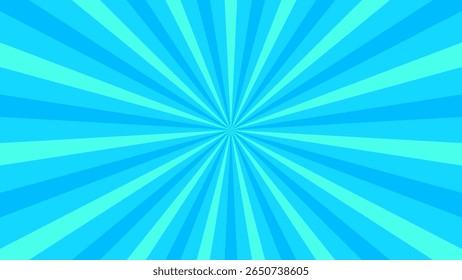 Retro blue sun rays on halftone bg. Pop art comic cartoon background. Vintage sunburst effect. Vector illustration. EPS 10.