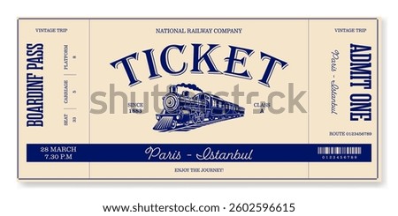 
Retro blue train ticket template. For excursion routes, ticket design, retro parties, clubs and more. Vector, can be used for printing. Just add your text.