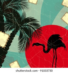 retro blue tropical background with flamingo and palm