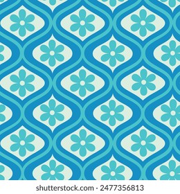 Retro Blue and turquoise flowers on ogee seamless pattern. For home décor, wallpaper, fabric and textile