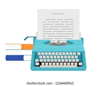 Retro blue typewriter. A sheet of paper, a stack of books. Stylish vector isolated.