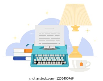 Retro blue typewriter. A sheet of paper, a stack of books, a desk lamp and a cup of tea. Stylish vector isolated.