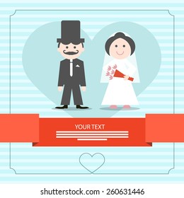 Retro Blue Wedding Card Vector Illustration with Groom and Bride
