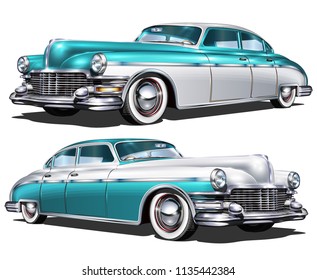 Retro blue white car isolated on white background.     