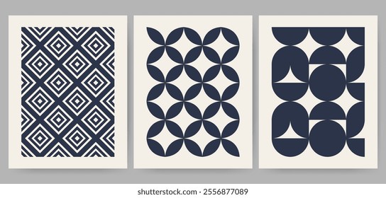 Retro blue and white geometric pattern background, vector abstract circle, triangle and square lines art