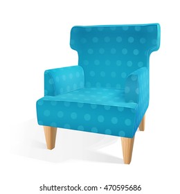 retro blue wing back fireside armchair with polka dot pattern on wooden legs isolated on white background. vector illustration