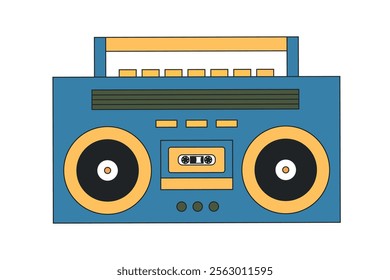  Retro blue and yellow boombox illustration with cassette tape isolated on white background. Colored vintage covers in 90s disco style. Disco event and nostalgic music.