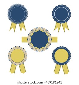 Retro blue and yellow color set of ribbon, banner, badges and design elements isolated on white background.