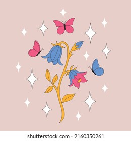 Retro bluebell with butterflies and sparkles. Summer simple minimalist flowers. 70’s style plants. Colorful background. Vector illustration.