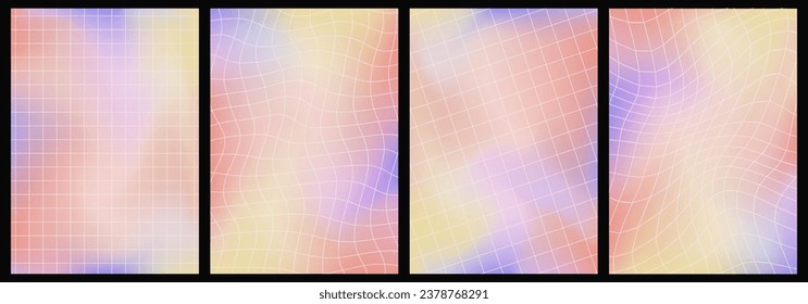 Conjunto de fondo retro borroso, fondo aura líquido en estética Y2K, textura abstracta de aura desenfocada con rejillas distorsionadas. Ilustración vectorial.