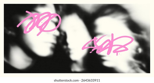 Retro Blurred Halftone Portraits Background with Pink Graffiti. Vintage Pop Art.