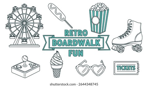 Retro boardwalk fun icon set. Ferris wheel, corn dog, popcorn, roller skate, joystick, soft-serve cone, heart sunglasses and ticket banner in teal outline. Vintage seaside amusement clipart