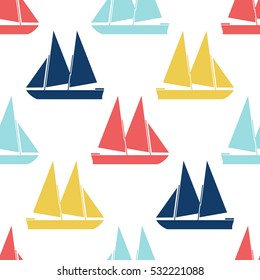 Retro boat seamless pattern. Vector illustration for nautical design. Bright yacht, ship, sailboat transport pattern. Marine sea cute wallpaper background. Cartoon silhouette shape wrapping pattern