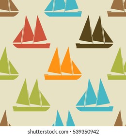 Retro boat seamless pattern. Vector illustration for nautical design. Bright yacht, ship, sailboat transport pattern. Marine sea cute wallpaper background. Cartoon silhouette shape wrapping pattern