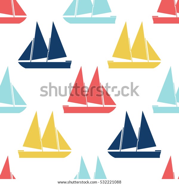 レトロな船のシームレスな模様 海図デザインのベクターイラスト 明るいヨット 船 帆船の輸送パターン 海のかわいい壁紙の背景 カートーンのシルエットシェイプの折り返しパターン のベクター画像素材 ロイヤリティフリー