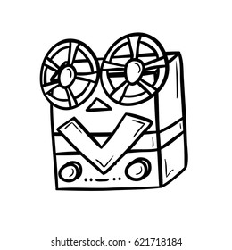 Retro bobbins device, cinema industry. Hand drawn vector illustration isolated on white.