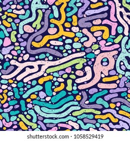 Retro bohemian linear pattern on dark background. Seamless abstract pattern in zentangle style for textile, fashion fabric, wrapping paper. Vector illustration with bohemian dashed irregular lines.