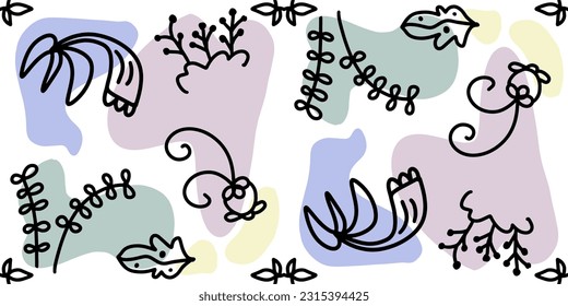 Retro, Boho, Abstract art background vector. Creative Hand drawn various shapes and doodle object for kid, abstract wall art for home decor,earth tone, colorful wallpaper,print, pattern, fabric design