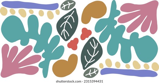 Retro, Boho, Abstract art background vector. Creative Hand drawn various shapes and doodle object for kid, abstract wall art for home decor,earth tone, colorful wallpaper,print, pattern, fabric design