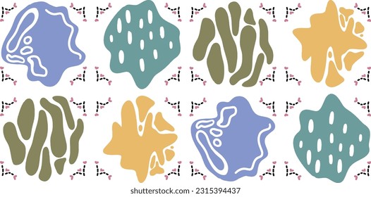 Retro, Boho, Abstract art background vector. Creative Hand drawn various shapes and doodle object for kid, abstract wall art for home decor,earth tone, colorful wallpaper,print, pattern, fabric design