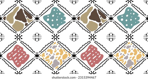 Retro, Boho, Abstract art background vector. Creative Hand drawn various shapes and doodle object for kid, abstract wall art for home decor,earth tone, colorful wallpaper,print, pattern, fabric design