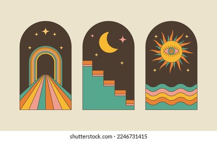 Retro boho arch windows set. Groovy graphic abstract elements. Rainbow, waves, cartoon psychedelic sun, moon, stars. Mid century modern art