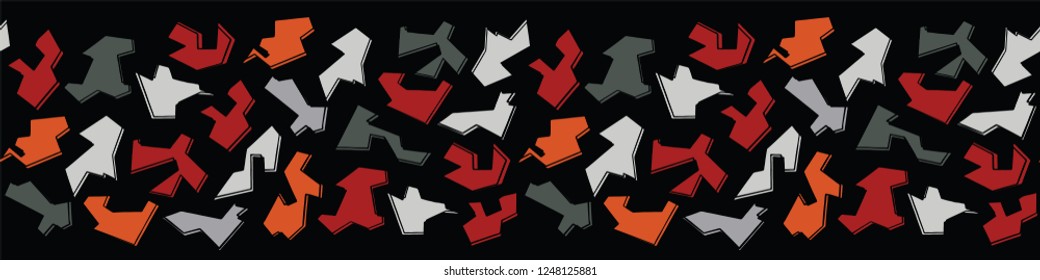 Retro Boho Geometrical Shape Seamless Vector Border. Abstract Mosaic Texture for Hipster Style Decor, Trendy Ribbon Trim,  
Tech Banners, Vintage 1950s Style Fashion Edging, Dark Black Red Backdrop