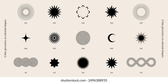 retro boho minimalism line art geometry and celestial shapes, minimalist vector illustrations, mid-century modern graphic design, sun, circle, moon