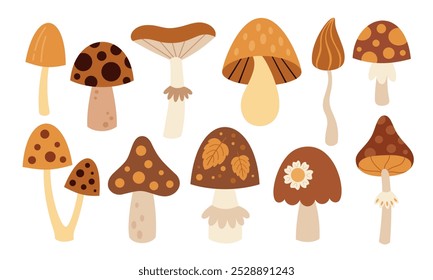 Retro boho mushrooms clipart set, cute hand drawn seasonal objects. Autumn vector illustration