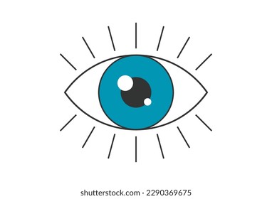 Retro boho open blue eye with rays eyelashes. Psychedelic groovy hippie style design. Vintage hippy crazy esoteric pupil sticker. Abstract 60s, 70s, 80s trendy y2k vector eps illustration