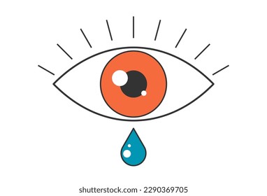 Retro boho open red eye with tear drop and rays eyelashes. Psychedelic groovy hippie style design. Vintage hippy crazy esoteric pupil and teardrop sticker. Abstract 60s, 70s, 80s trendy y2k. Vector