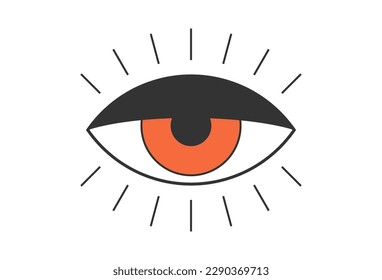 Retro boho open red eye with rays eyelashes. Psychedelic groovy hippie style badge. Vintage hippy crazy esoteric pupil sticker design. Abstract 60s, 70s, 80s trendy y2k vector eps illustration