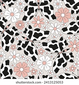 Retro boho pastel pink daisy flowers and cow spots ornated butterfly vector seamless pattern. Groovy floral farm animal aesthetic background.