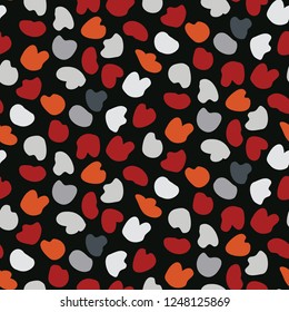 Retro Boho Petal Shape Seamless Vector Pattern. Random Dotty Abstract, Confetti Mosaic Texture for Hipster Style Decor, Trendy Wallpaper, Masculine Backdrops. All Over Red Black Background Design.