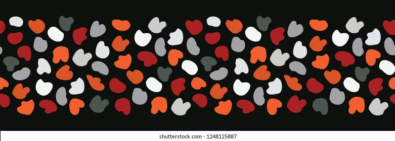 Retro Boho Petal Form Nahtlose Vektorillustration Grenze. Hübsche abstrakte Mosaik-Textur für Hipster-Stil, trendige Multifunktionsleisten,  
Spotty-Banner, Vintage-Mode-Ränder der 50er Jahre, dunkelschwarz-roter Hintergrund.