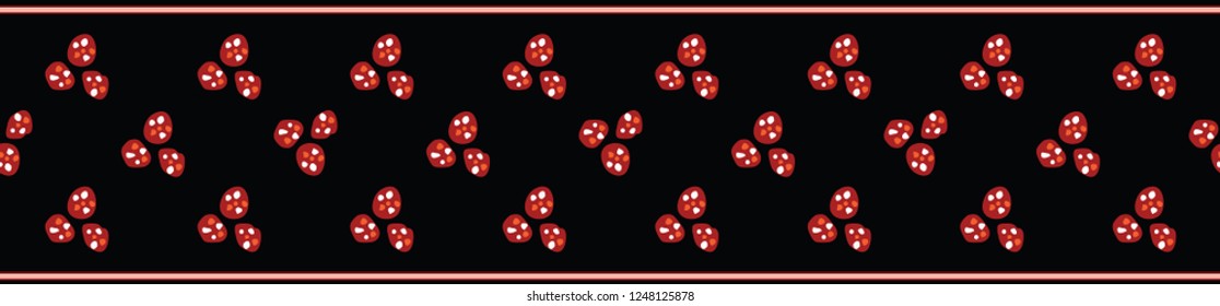 Retro Boho Polka Dots Seamless Vector Border. Dotty Abstract Texture for Hipster Style Decor, Trendy Ribbon Trim,  
Spotty Banners, 1950s Style Circles. Fashion Print Edging, Dark Black Red Backdrop.