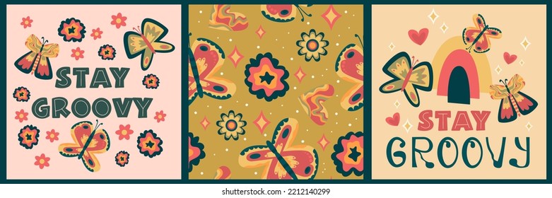 Retro boho poster set with butterfly hippie. Vintage 70s background. Hippie print illustration. Rainbow 60s, 70s, groovy vector