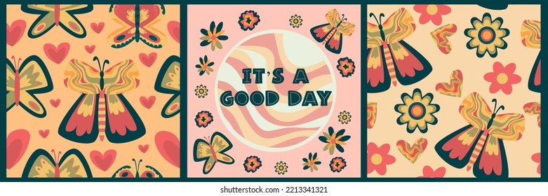 Retro boho poster set with butterfly hippie. Vintage 70s background. Hippie print illustration. Rainbow 60s, 70s, groovy vector