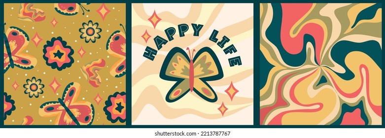 Retro boho poster set with butterfly hippie. Vintage 70s background. Hippie print illustration. Rainbow 60s, 70s, groovy vector