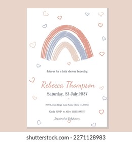 Retro Boho Rainbow with Hearts Vector Baby Shower Invitation Template you can also use for cards, banners, posters, birthday party invites and other printable products for your occasion decoration