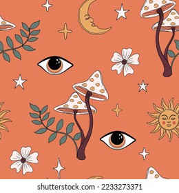 Retro boho seamless pattern with celestial elements like stars, sun and moon, mushroom, leaves. Mystical groovy pattern background. Spring summer design for fabrics, wrapping paper etc. 