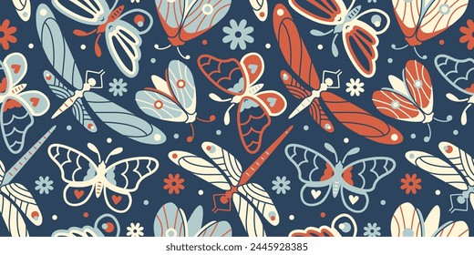 Retro boho style seamless wallpaper. Vector background with moth, butterflies and dragonfly. Dark spring garden aesthetic. Limited palette seamless graphic for fabric, backdrop