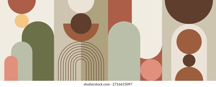 Arte de pared boho retro con arcos modernos y Formas orgánicas en conjunto. Arte Abstractas geométrico de la pared de Boho con las Formas retro del tono de tierra y los arcos minimalistas Colección