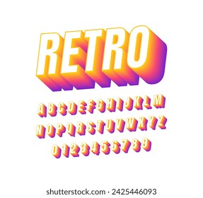 Retro bold 3d font with blend gradient color. Modern abc alphabet for banner, poster, printing, typography, t shirt, book and card. Trendy vector illustration.