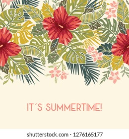 Retro Bold Colorful Tropical Exotic Foliage, Hibiscus Floral Horizontal Vector Seamless Border. Summertime Greting Card.