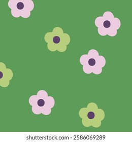 Retro bold floral vector green background. Surface pattern design in style of hippie. Vintage groovy daisy flowers in modern 60s, 70s, 80s style for textile, stationery, wrapping paper, gifts.