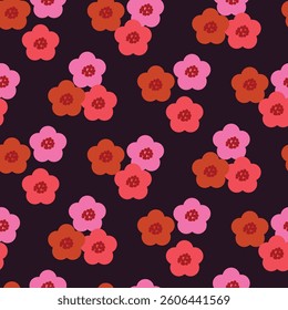 Retro bold floral vector vibrant pink red background. Surface pattern design in style of hippie. Vintage groovy daisy flowers in modern 60s, 70s, 80s for textile, stationery, wrapping paper, gifts