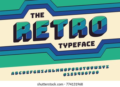 Retro bold font 90's, 80's, Vector abc alphabet with blue, green strips